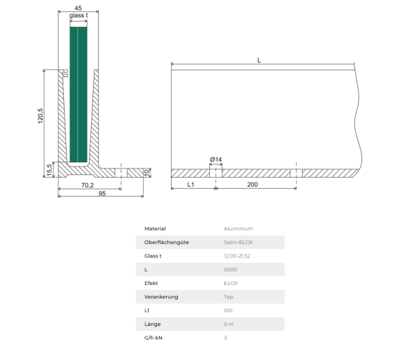 Aluminium Ganzglasgeländer L-Bodenprofil 5000mm 3,0kN Glasgeländer Satin Elox